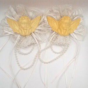 2 Vintage Angel Cherub Ornaments Embellished Faux Pearls Lace Candle Charms VTG